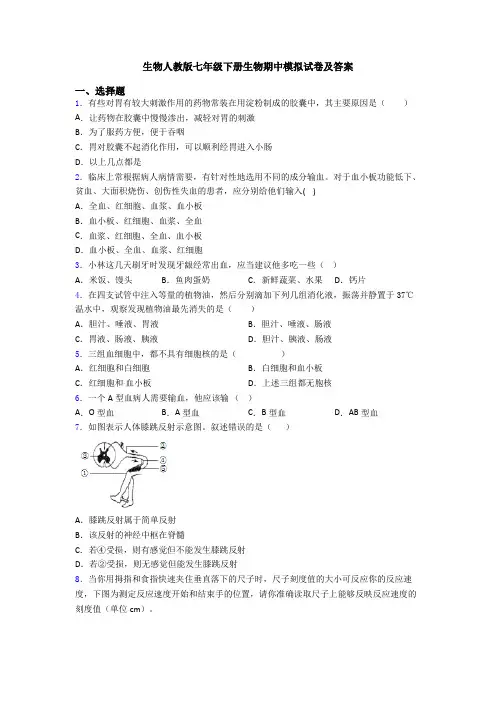 生物人教版七年级下册生物期中模拟试卷及答案
