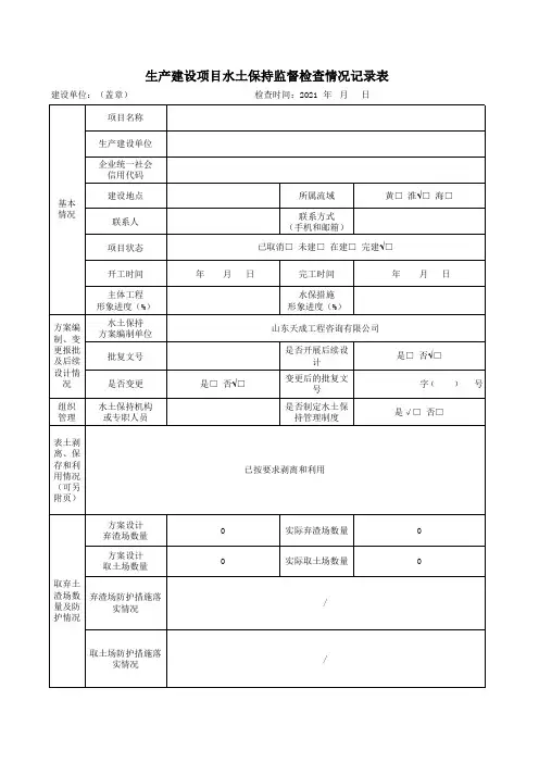 生产建设项目水土保持监督检查情况记录表