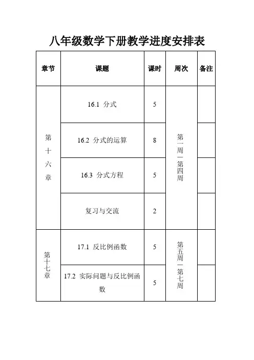 八年级数学下册教学进度安排表