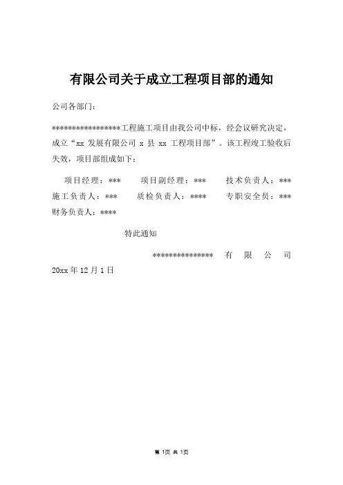 有限公司成立工程项目部通知