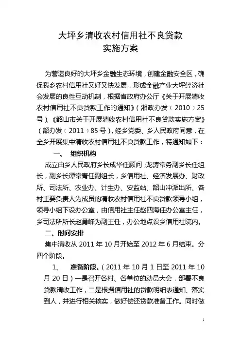 大坪乡清收农村信用社不良贷款实施方案