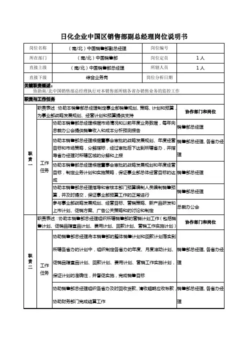 (销售经理职责)日化企业中国区销售部副总经理岗位说明书