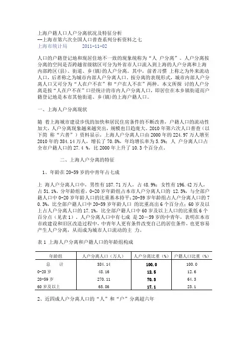 上海户籍人口人户分离状况及特征分析