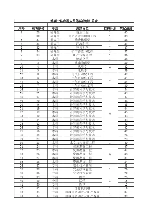 河南省地矿局所属事业单位应聘人员笔试成绩汇总表xls