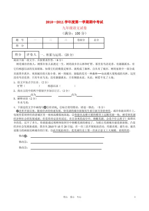 安徽省芜湖市第二十九中学九年级语文上学期期中考试