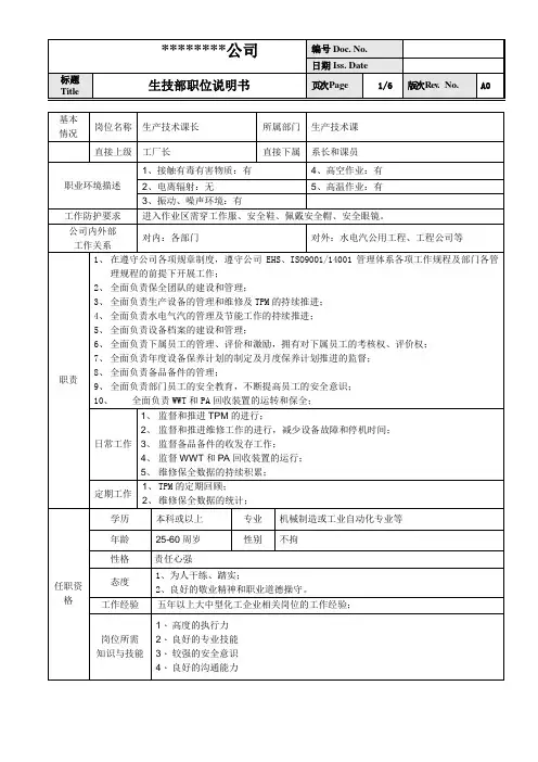 生产技术岗位说明书(全部岗位)