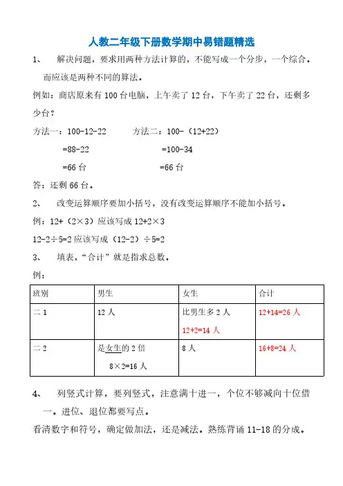 人教二年级下册数学期中易错题精选
