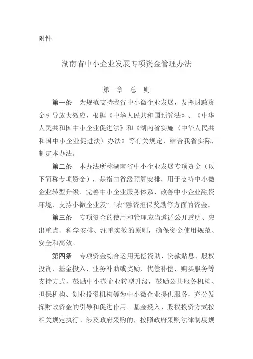 湖南省中小企业发展专项资金管理办法