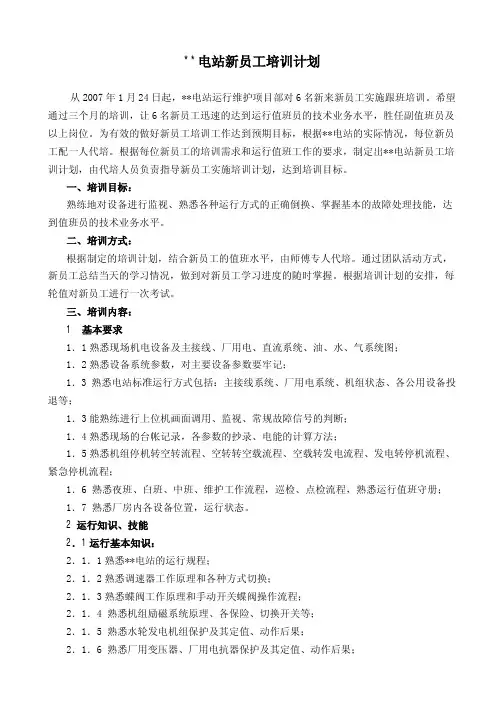 水电站新员工培训计划