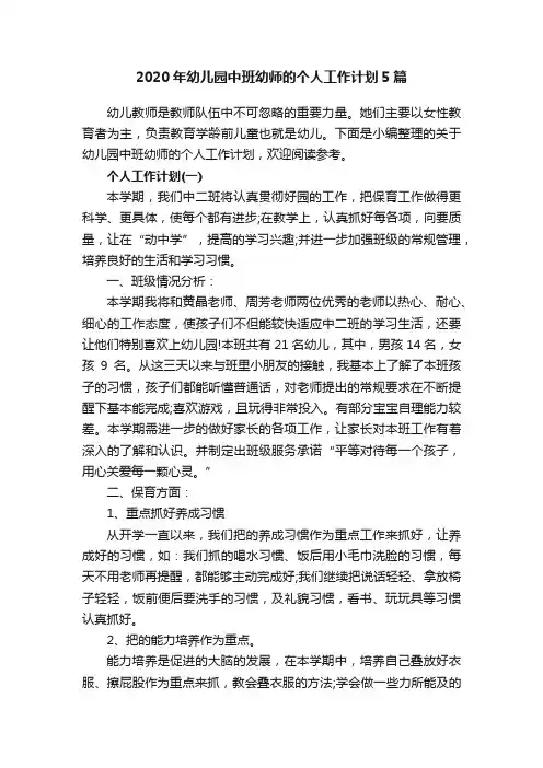 2020年幼儿园中班幼师的个人工作计划5篇
