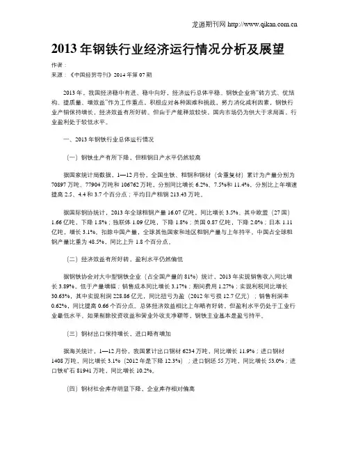 2013年钢铁行业经济运行情况分析及展望
