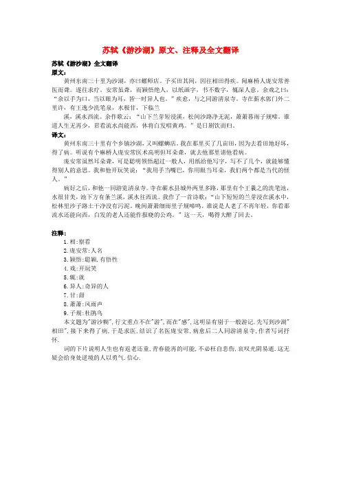 高中语文 文言文 苏轼《游沙湖》原文、注释及全文翻译