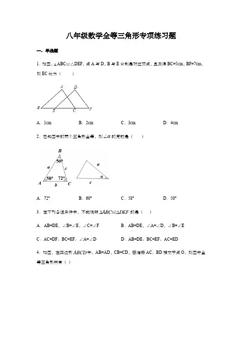 八年级数学全等三角形专项练习题(含答案)