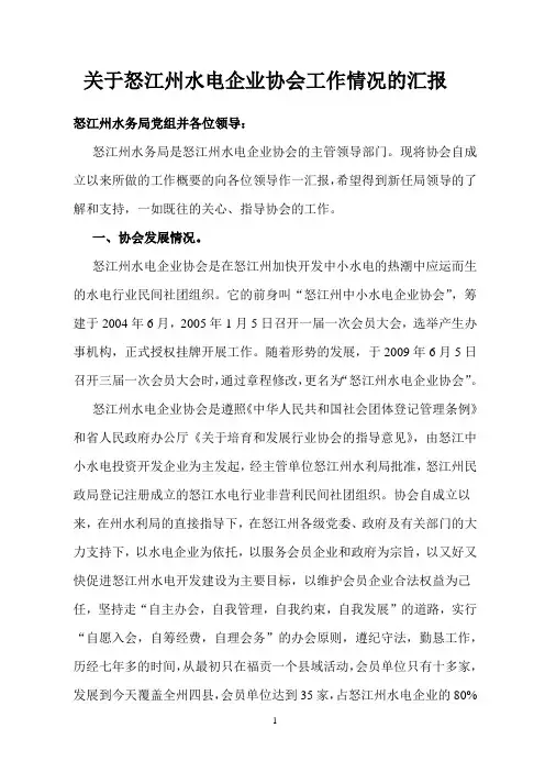 关于怒江州水电企业协会工作情况的汇报