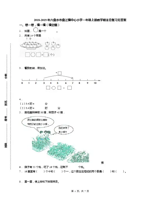 2018-2019年六盘水市盘江镇中心小学一年级上册数学期末总复习无答案