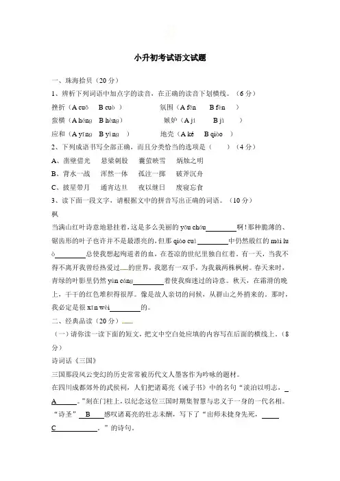 六年级下册语文试题-济南外国语小升初考试语文试题2∣全国通用版(含答案)