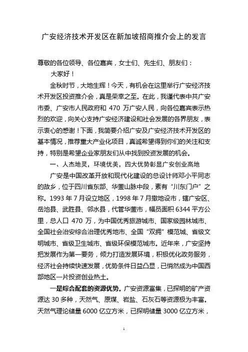 XXXX在新加坡招商会上的推介发言