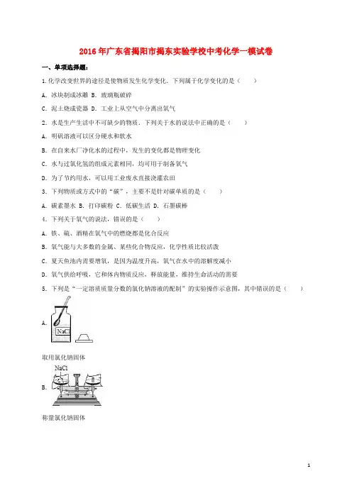 广东省揭阳市揭东实验学校2016年中考化学一模试卷(含解析)
