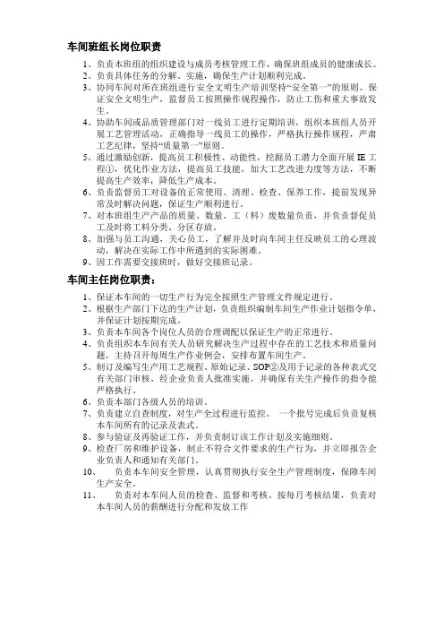 车间班组长岗位职责