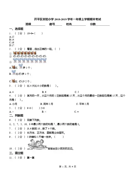 开平区实验小学2018-2019学年一年级上学期期末考试