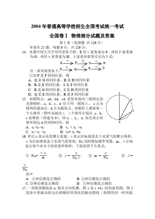 高考40年 2004年高考全国卷物理试题及答案