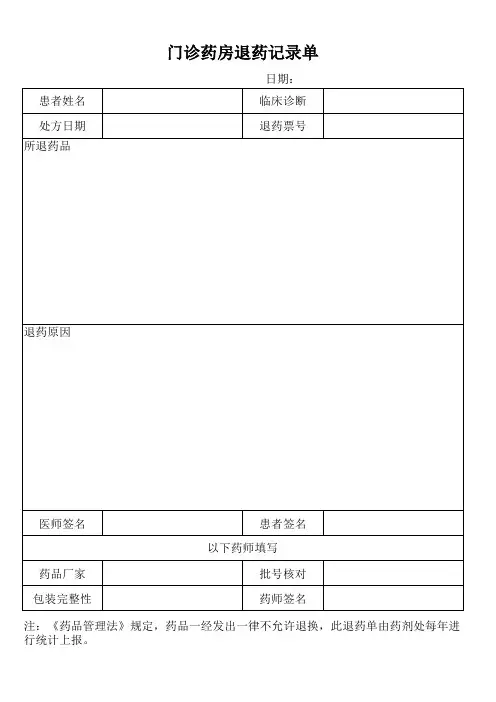 门诊退药记录单