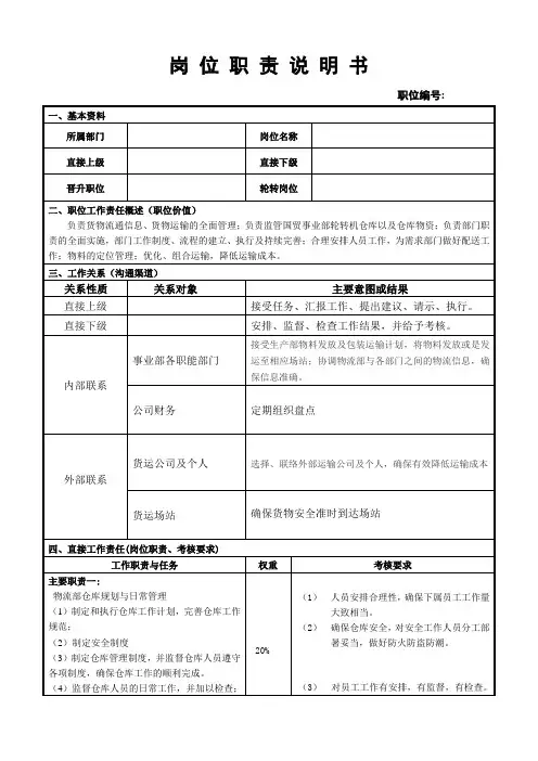 物流部部长岗位职责说明书
