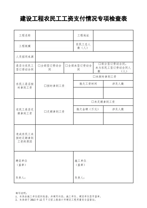农民工工资支付情况专项检查表