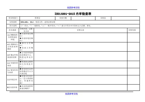 [实用参考]ISO14001：2015内审检查表