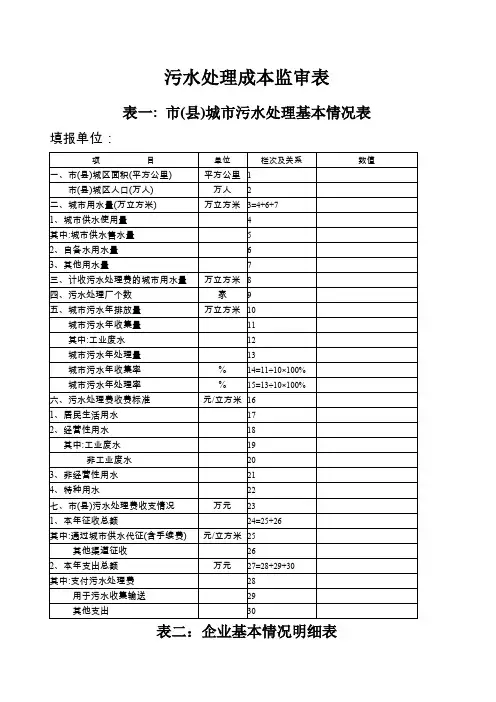 污水处理成本监审表