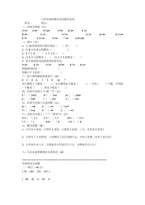 小学学前班期末考试数学试卷
