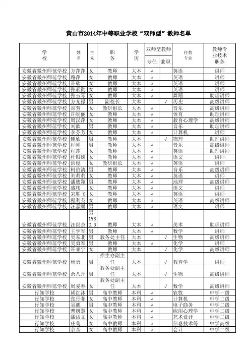 2014年黄山市安徽省双师型教师信息表(2)xls