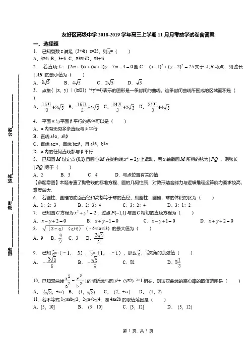 友好区高级中学2018-2019学年高三上学期11月月考数学试卷含答案