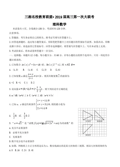 湖南省三湘名校2019届高三第一次大联考数学(理)试卷有答案