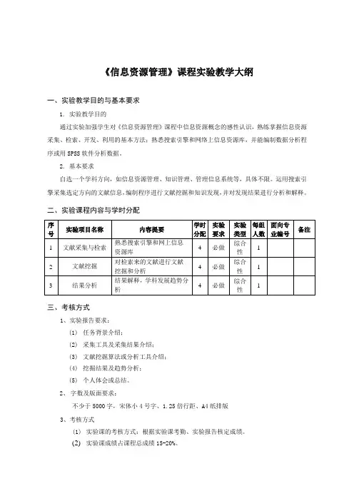 《信息资源管理》实验教学大纲