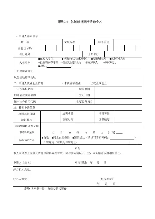 创业培训补贴申请表
