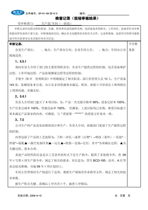 检查记录(现场审核结果)