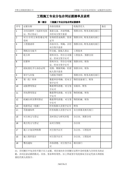 1.3工程施工分包合同证据清单及说明
