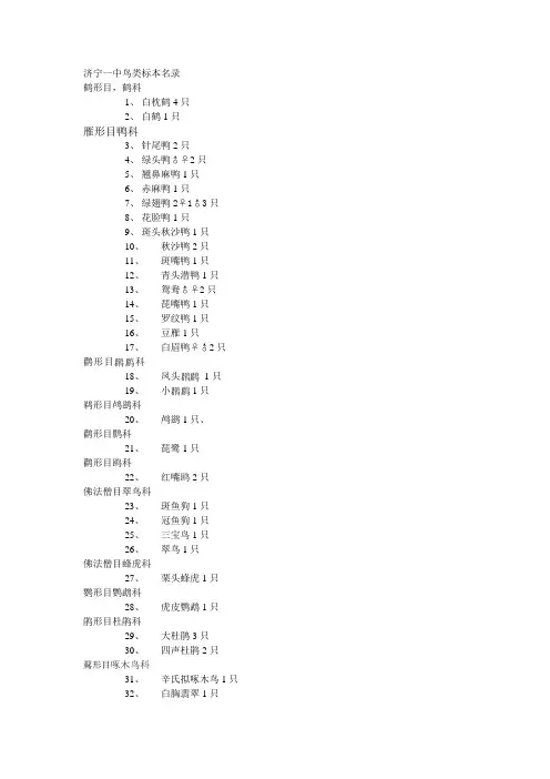 济宁一中鸟类标本名录