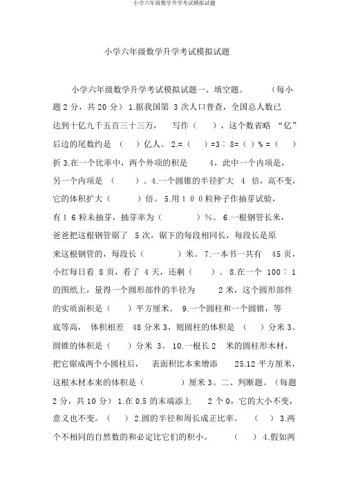 小学六年级数学升学考试模拟试题