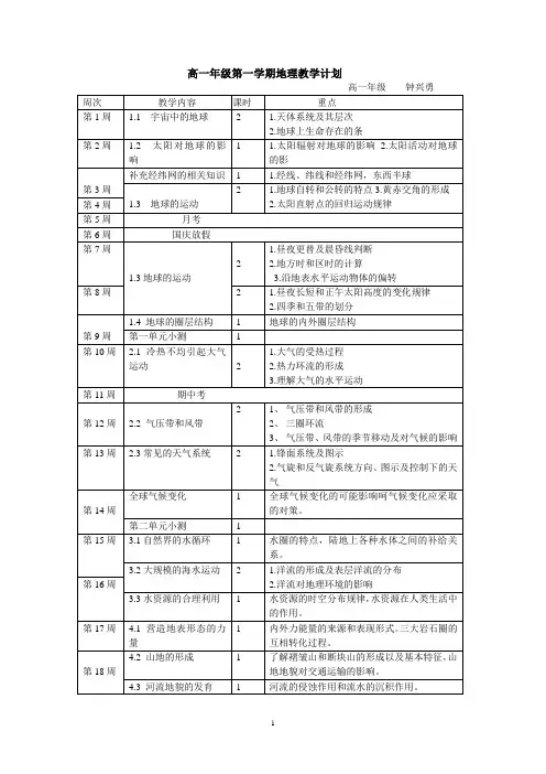 高一年级第一学期地理教学计划