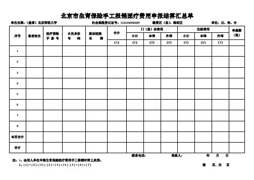 北京市生育保险手工报销医疗费用申报结算汇总单