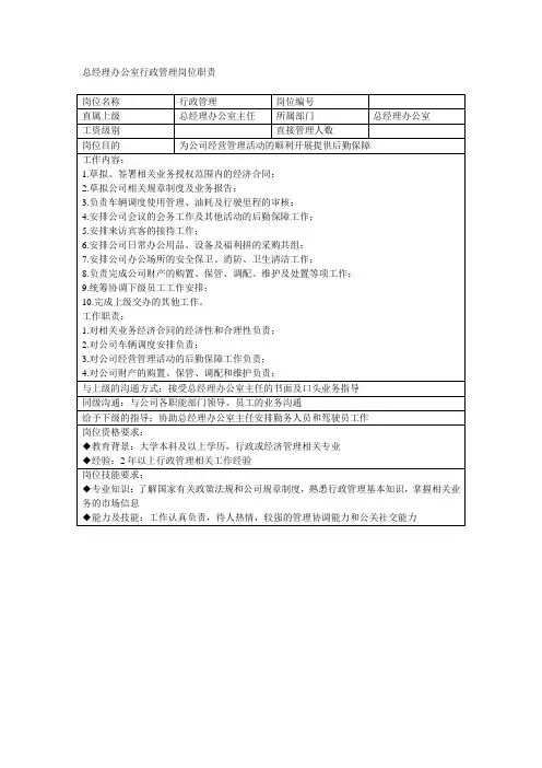 总经理办公室行政管理岗位职责