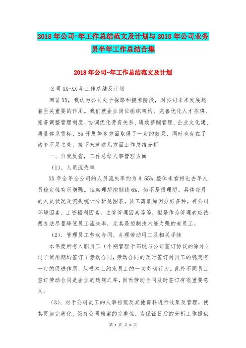 2018年公司-年工作总结范文及计划与2018年公司业务员半年工作总结合集