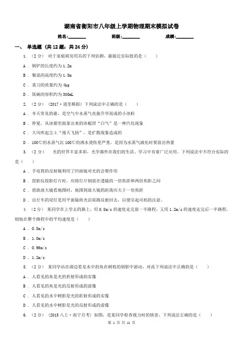 湖南省衡阳市八年级上学期物理期末模拟试卷
