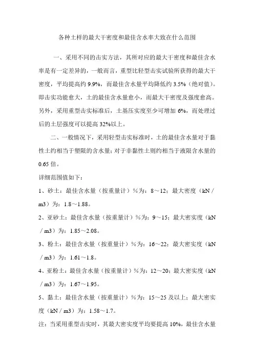 各种土样的最大干密度和最佳含水率大致在什么范围