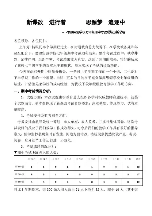 思源实验学校七年级期中考试成绩分析总结