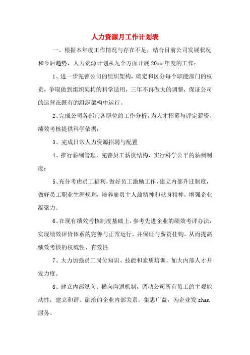 人力资源月工作计划表