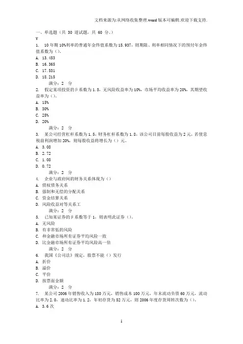 16秋西交企业财务管理在线作业