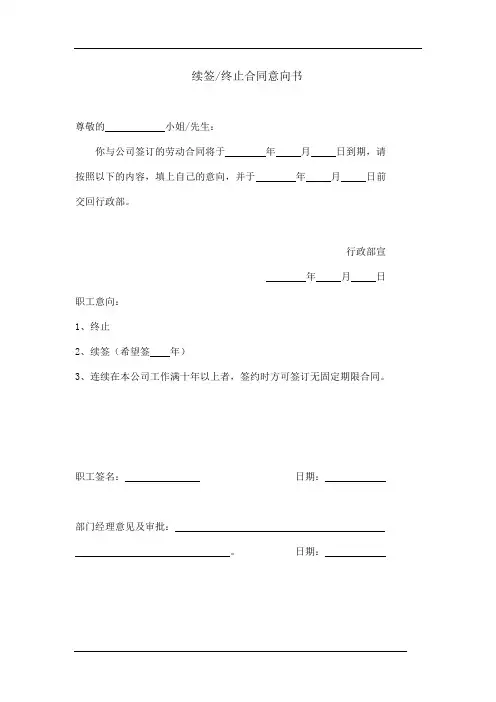 续签(终止)合同意向书